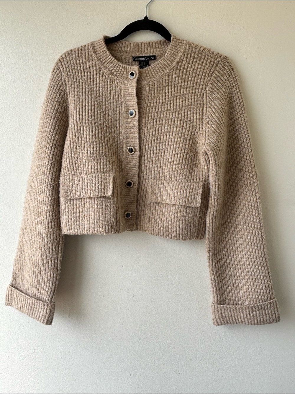 Christian Lacroix Beige Ribbed Cropped Button-Up Cardigan